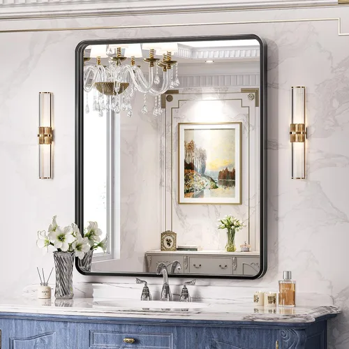 Miniatura 19 de Brightify - Espejo rectangular para pared de baño de 24x30 pulgadas con marco de metal negro, espejo moderno de tocador para baño, montaje vertical