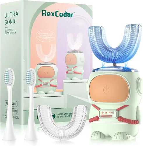 Miniatura 2 de RexCodar Cepillo de dientes eléctrico ultrasónico en forma de U para niños, IPX7 impermeable, cinco modos de limpieza, astronauta de dibujos 6-12