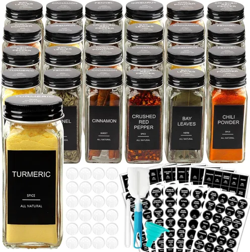 AISIPRIN 24 tarros de vidrio para especias con 398 etiquetas, recipientes cuadrados vacíos de especias de 4 onzas, tapas agitadoras, embudo, cepillo