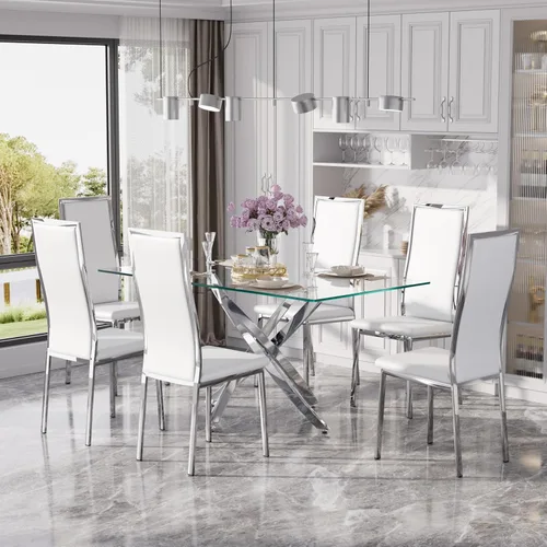 Miniatura 21 de Juego de mesa de comedor de cristal dorado moderno de 63 pulgadas para 6, juego de mesa de cocina rectangular de 7 piezas con patas de acero Negro