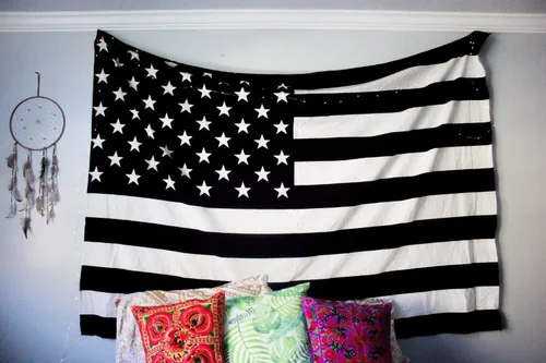 Miniatura 2 de The Boho Street Tapiz de bandera estadounidense exclusiva 100% algodón blanco y negro clásico, para colgar en la pared estilo hippie indio, colcha