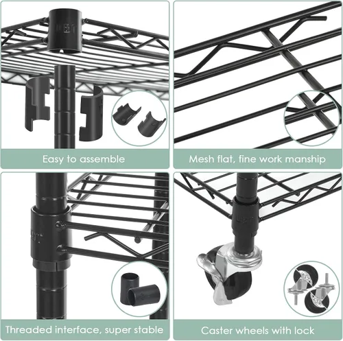 Miniatura 5 de WDT Estantería de 5 estantes sobre ruedas, estante ajustable de metal resistente, estante de almacenamiento de alambre para oficina en casa, garaje