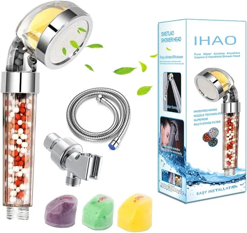 IHAO Cabezal de ducha de mano de alta presión con soporte y manguera de metal purificador de agua dura, filtro de fluoruro de cloro, cabezal de