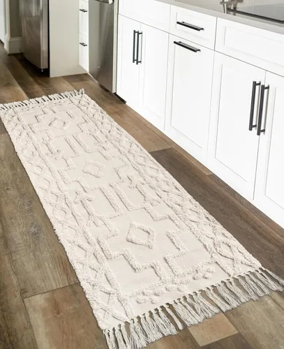 Uphome Alfombra bohemia para pasillo de 2 x 6 pies, color beige, de algodón, lavable, con borlas, tejida a mano, alfombra de pasillo occidental para