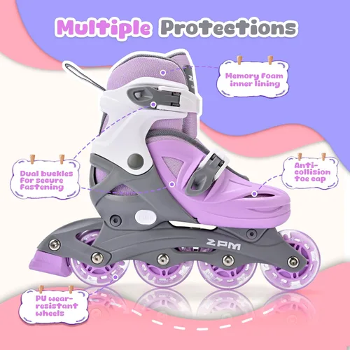 Miniatura 3 de 2PM SPORTS Patines en línea para niños y niñas de 4 a 8, 6 a 12 años, con ruedas iluminadas, cuchillas ajustables para niños y jóvenes principiantes