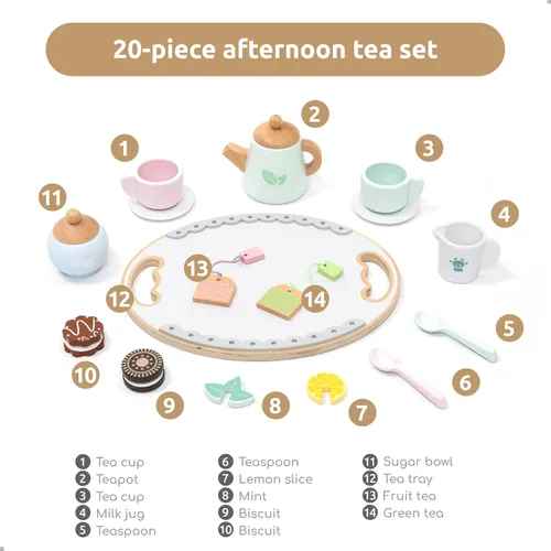 Miniatura 5 de UMU® Juego de Té de Madera para Niños – Juguete de Fiesta de Té de Juego Simulado con Tazas Coloridas, Bolsitas de Té, Rodajas de Limón y Más