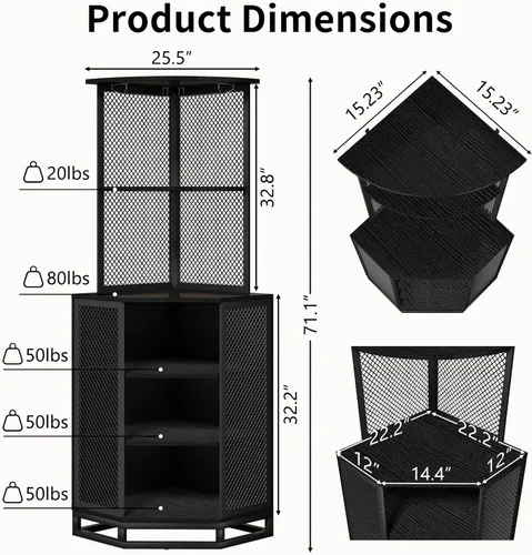 Miniatura 2 de IBF Armario esquinero de 71 pulgadas de alto para vino con soporte para vidrio, almacenamiento de licor industrial de 5 niveles con estante