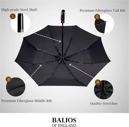 Miniatura 2 de Paraguas plegable de viaje con mango de madera real, cierre automático, ventilado, resistente al viento, diseñado en Reino Unido