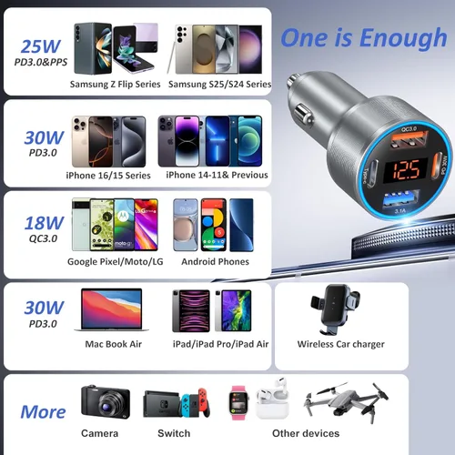 Miniatura 7 de Cargador de coche 5 unidades, 65 W 12 V USB Multi Port QC/PD 3.0 carga rápida adaptador de encendedor de cigarrillos dual USB-C y USB-A cargador Gris