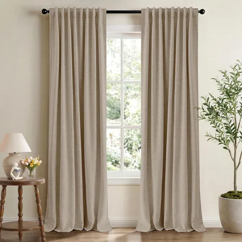 Miniatura 23 de INOVADAY Cortinas 100% opacas de 63 pulgadas de largo, juego de 2 paneles de lino con pestaña trasera, bolsillo para barra, cortinas opacas