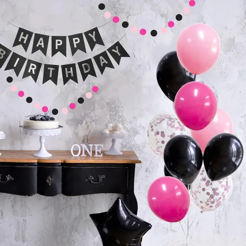 Miniatura 3 de ANSOMO - Decoraciones de fiesta de cumpleaños rosa y negro para niñas y mujeres Pancarta, globos de color rosa intenso, pompones, decoración