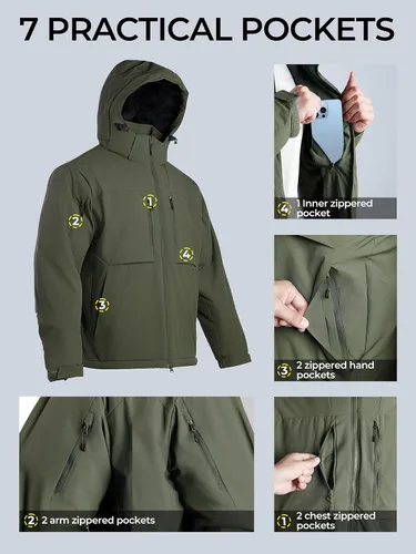 Miniatura 5 de Men's Winter Insulated Coat Warm Water Resistant Skiing Parka Jacket Fleece Lined Detachable Hood 7 Pockets Work Coat