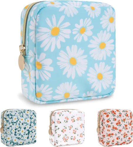Miniatura 32 de izuzta Bolsa de maquillaje pequeña de nylon para bolso, linda bolsa de cosméticos con cremallera, bolsa de maquillaje preppy, Azul, Mini 2-Azul