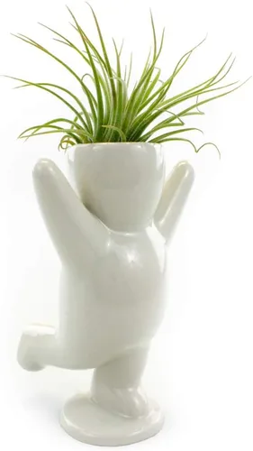 Miniatura 2 de NW Wholesaler Maceta de cerámica blanca con forma de persona feliz de 3.25 pulgadas con planta de aire Tillandsia viva, plantas de aire