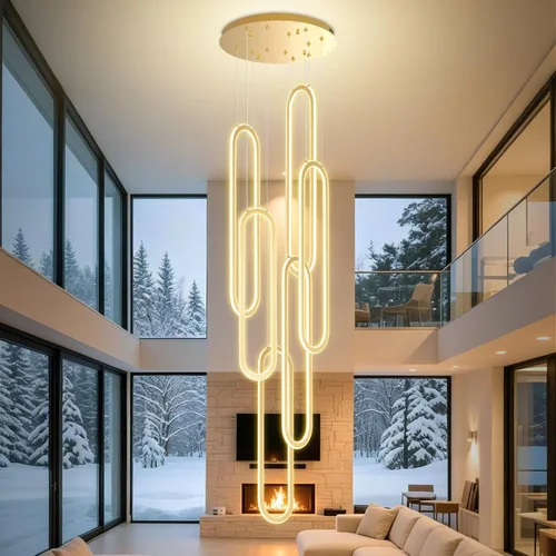 Miniatura 22 de Flashing God Candelabro moderno, candelabros cromados con 6 anillos LED, lámpara de techo alto más grande para sala de estar, lámpara rectangular