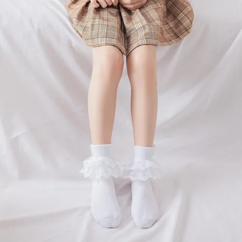 Miniatura 5 de 2 pares de calcetines de primera comunión con perlas de lazo blanco con volantes para bautizo, calcetines de bautismo con capas de encaje para bebé