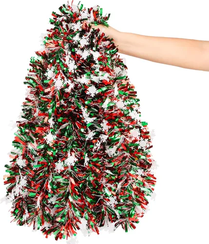 Miniatura 11 de FOIMAS Guirnalda de oropel de Navidad de 33 pies, guirnalda colgante metálica trenzada de copo de nieve rojo para árbol de Navidad, chimenea
