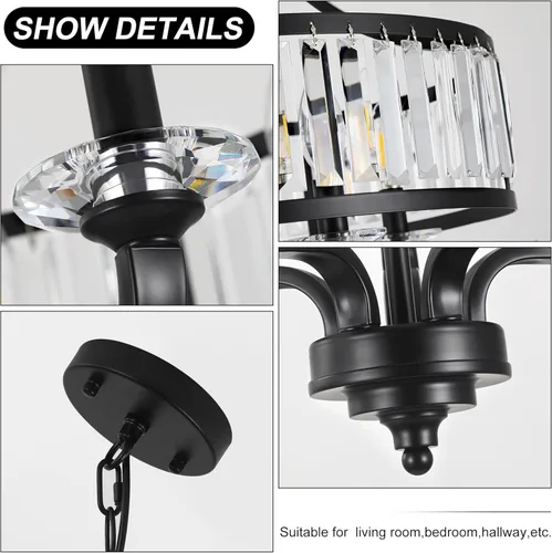 Miniatura 7 de Lámpara de araña moderna negra de cristal, lámpara de araña de 5 luces para comedor de estilo granja sobre mesa, lámpara colgante industrial de Negro