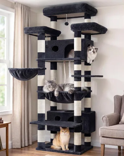 Gitelsnour Árbol para Gatos de Interior Gatos Grandes Adultos, Torre para Gatos de 74" con 3 Plataformas Grandes, 2 Canastas, 2 Condos, Postes Gris