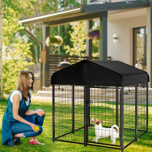 Miniatura 6 de Perrera para perros al aire libre con techo, 4 x 4.2 x 4.5 pies de alambre soldado para exteriores, jaula de perro resistente con cubierta