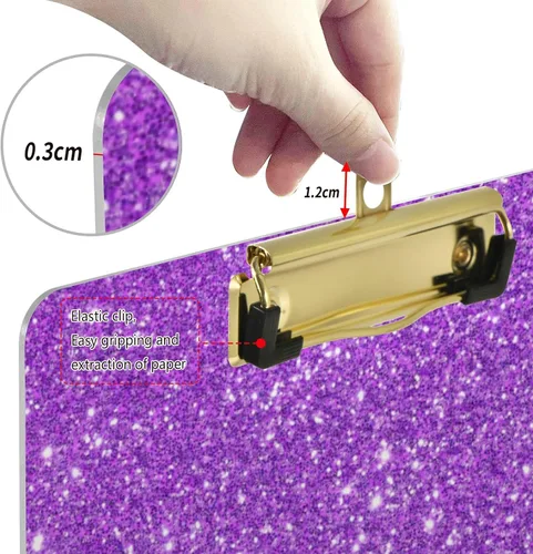 Miniatura 4 de Portapapeles con purpurina morada, diseño de moda, portapapeles de plástico tamaño carta para estudiantes, niños, mujeres y hombres, tablero de clip