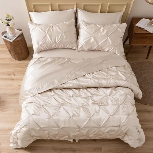 Miniatura 11 de MR&HM Juego de ropa de cama con edredón satinado King de 7 piezas - Juego de cama lujoso con pliegues, con edredón, sábana plana, sábana ajustada