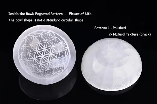 Miniatura 4 de AMOYSTONE Cuenco redondo de carga de selenita para piedras de cristal, 4 pulgadas, patrón de grabado de flor de la vida, 1, decoración del hogar
