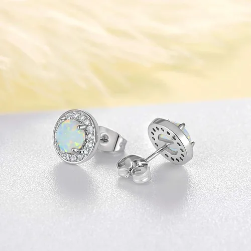 Miniatura 4 de Aretes de ópalo chapados en oro blanco para mujeres y niñas, aretes de ópalo con halo de circonita cúbica para mujer, Metal, Ópalo creativo