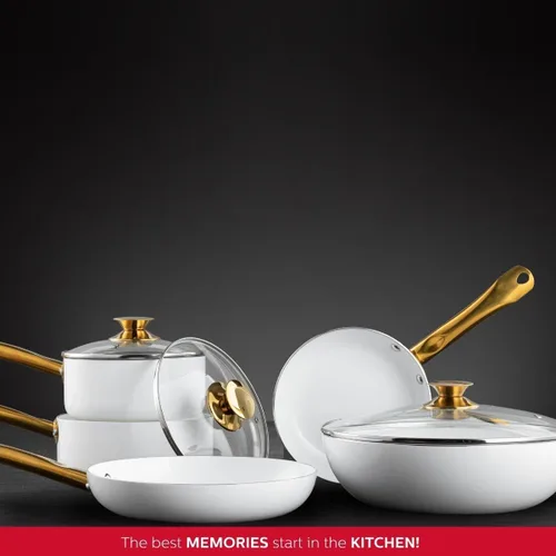 Miniatura 7 de Holstein Housewares Sartén antiadherente de cerámica de 8 pulgadas, elegante mango de color blanco y dorado, elegancia dorada para cada cocina