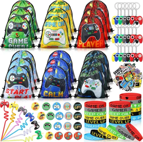 Sadnyy 140 piezas de regalos de fiesta de videojuegos, decoraciones de cumpleaños, bolsas con cordón con pulseras de silicona, llaveros, pajitas,