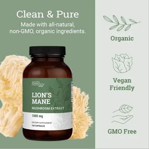 Miniatura 4 de Earth Harmony Naturals - Suplemento de Melena de León Orgánico (1000mg), Suministro de 2 Meses, Extracto de Hongo Melena de León para Apoyar