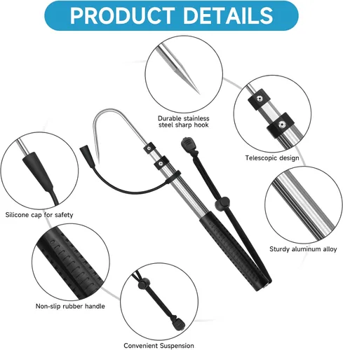 Miniatura 3 de SANLIKE Telescopic Fishing Gaff Aluminum Pole with Nonslip Rubber Handle Stainless Steel M8 Screw Hook Gris