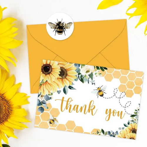 Miniatura 4 de Whaline 24 tarjetas de agradecimiento de abeja de girasol a granel, tarjetas de felicitación florales de verano con adhesivo sobre para boda, baby