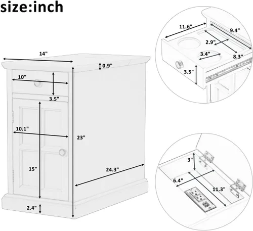 Miniatura 2 de Mesa auxiliar pequeña con estación de carga, puertos USB, bandeja extraíble oculta, mesa auxiliar con armario de almacenamiento, mesa decorativa