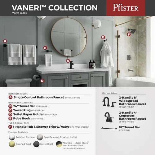 Miniatura 4 de Pfister Vaneri BRHVRI0B - Gancho para toallas de baño, montaje en pared, atornillado, acabado negro mate, BRHVRI0B
