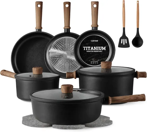 CAROTE Ollas y sartenes antiadherentes, juego de utensilios de cocina de inducción, antiadherentes con sartén (PFOS, libre de PFOA), negro, 16 piezas