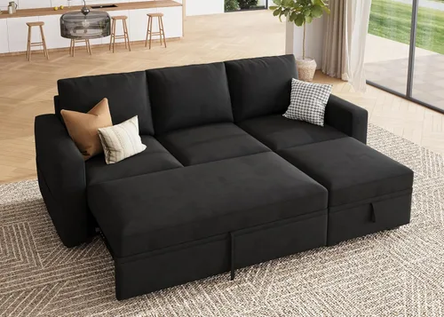 Miniatura 10 de HONBAY Sofá seccional modular con cama extraíble, sofá cama con forma de U extraíble con secciones de almacenamiento para sala de estar - Beige