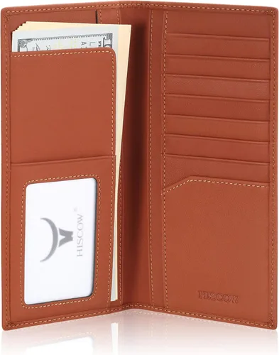 HISCOW Cartera larga de cuero delgada para hombres y mujeres, piel de becerro italiana, cartera de bolsillo en el pecho para chequera, tarjetas de