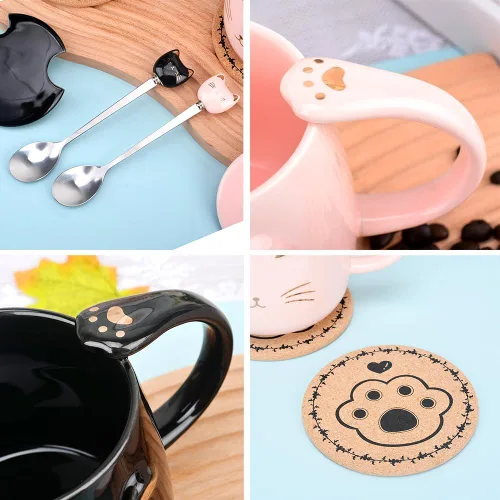 Miniatura 3 de Taza de café de cerámica rosa con diseño de gato lindo hecho a mano con cuchara de acero inoxidable, taza de gatito, tazas únicas de chocolate Negro