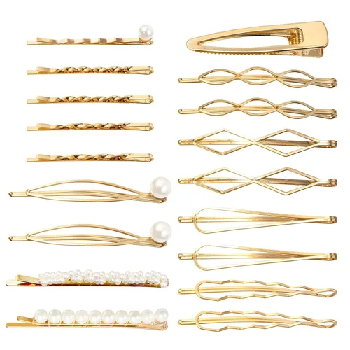 18 pinzas de pelo de metal geométrico dorado para mujeres y niñas, pinzas para el cabello de perlas preppy para novia, elegante juego de pasadores
