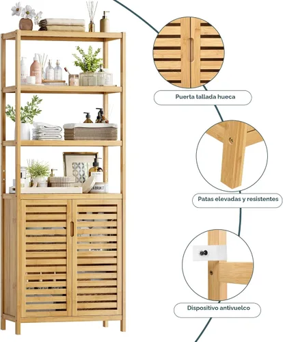 Miniatura 5 de HIFIT Armario alto de almacenamiento para baño, gabinete de baño estrecho de bambú de 66 pulgadas con 2 puertas y estantes abiertos de 4 niveles