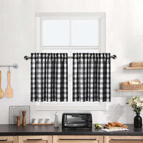 Miniatura 33 de Cortinas de Cocina Estilo Granja de Cuadros Vichy Blanco y Negro de 24 Pulgadas de Largo, Cortinas de Café de Media Ventana de Cuadros Buffalo