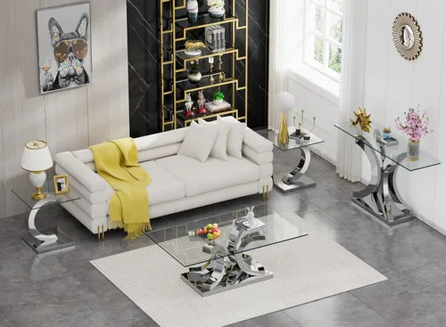 Miniatura 178 de Mesa de centro de cristal de lujo, mesa de centro de sofá de 47 pulgadas con marco de acero inoxidable dorado y parte superior de vidrio negro, mesa