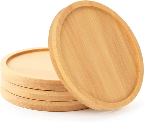 Cosmos 4 piezas de platillo de bambú para suculentas, bandeja de drenaje con borde elevado para macetas pequeñas de 3.5 pulgadas (forma redonda)
