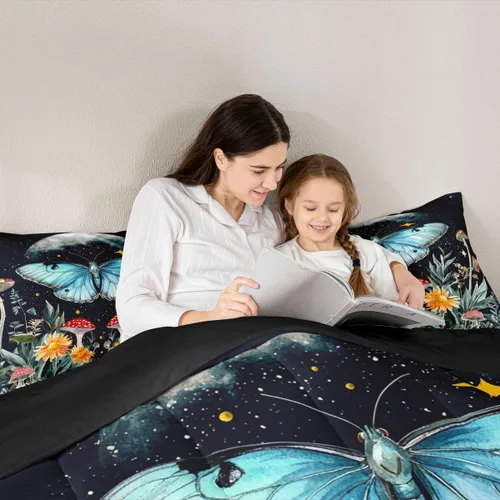 Miniatura 5 de Erosebridal Juego de edredón de mariposa azul para niñas y mujeres, juego de ropa de cama de fase lunar, tamaño matrimonial, lindo edredón acolchado