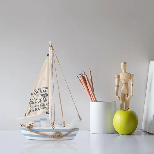 Miniatura 9 de Modelo de velero de madera, mini LED náutico, conchas náuticas, estatuilla de barco de vela de madera, decoración para el hogar, escritorio