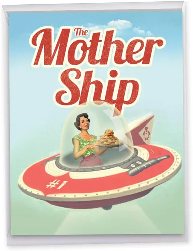 NobleWorks - Tarjeta retro grande del día de la madre (8.5 x 11 pulgadas) - Tarjeta divertida jumbo para mamá, humor vintage memorable - Nave madre