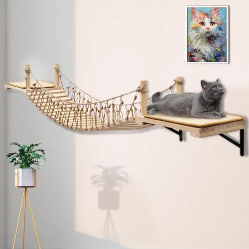 Miniatura 8 de A.FATI Puente de cuerda para gatos montado en la pared largo para gatos de interior, estantes de pared para gatos para dormir, jugar, escalar, cama