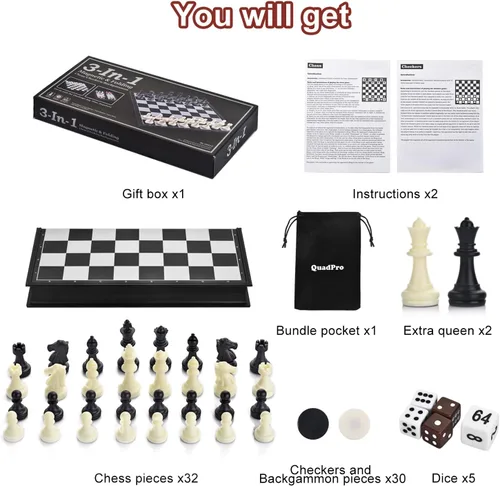 Miniatura 6 de Juego de mesa de backgammon magnético 3 en 1 con tablero plegable de 12.5 pulgadas para niños y adultos (Ajedrez: blanco y negro)