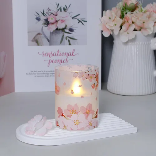 Miniatura 2 de Velas de cristal sin flama parpadeantes con control remoto y temporizador, flores de cerezo LED, cera real operadas por batería, juego de 3 velas